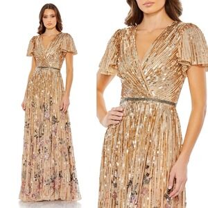 Mac Duggal NEW Gold Flounce Sleeve Floral Sequin V Neck Gown $798 - Size 6‎